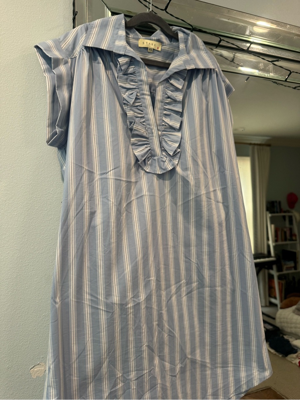 Stark Blue Stripe Midi Dress with Ruffle Placket